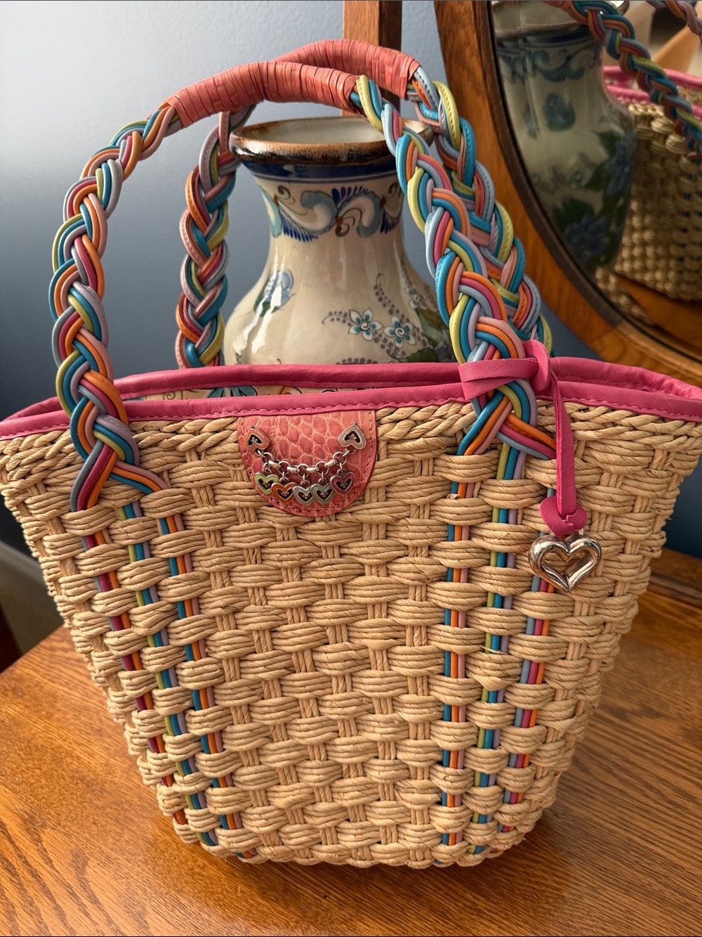 Vintage Brighton Woven Straw Tote with Pink Trim and Multicolor Braided Handles